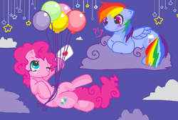 Size: 1038x698 | Tagged: artist needed, safe, derpibooru import, pinkie pie, rainbow dash, earth pony, pegasus, pony, balloon, cloud, cloudy, female, flying, heart, lesbian, letter, pinkiedash, shipping, stars, then watch her balloons lift her up to the sky
