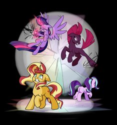 Size: 1500x1600 | Tagged: safe, artist:heir-of-rick, starlight glimmer, sunset shimmer, tempest shadow, twilight sparkle, twilight sparkle (alicorn), alicorn, pony, unicorn, my little pony: the movie, broken horn, crying, eye scar, eyes closed, female, fight, floppy ears, flying, glass, glowing hooves, glowing horn, gritted teeth, magic, mare, rearing, scar, spread wings, wings