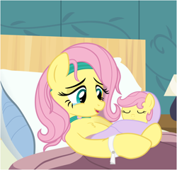 Size: 6000x5765 | Tagged: safe, artist:matty4z, fluttershy, posey, pegasus, pony, g1, absurd resolution, baby, baby pony, babyshy, bed, blanket, chest fluff, cute, female, filly, foal, g1 to g4, generation leap, headband, hospital, lamp, mother and child, mother and daughter, newborn, origins, parent and child, pillow, poseybetes, shyabetes, wristband