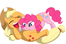 Size: 900x611 | Tagged: safe, artist:holsternicholson, edit, applejack, pinkie pie, earth pony, pony, applepie, belly buzz, female, lesbian, raspberry, shipping, tickling, tummy buzz