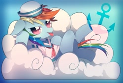 Size: 2039x1377 | Tagged: safe, artist:setoya, derpibooru import, rainbow dash, pegasus, pony, cloud, female, looking at you, mare, sailor uniform, solo, tongue out