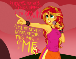 Size: 1280x985 | Tagged: safe, artist:cactus-stuff, sunset shimmer, equestria girls, armpits, lyrics, microphone, singing, solo, text