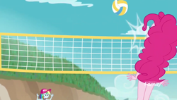 Size: 764x434 | Tagged: safe, derpibooru import, screencap, pinkie pie, rainbow dash, better together, equestria girls, forgotten friendship, beach, clothes, deflecting, net, playing, reference, scott sterling, smack, sports, swimsuit, volleyball