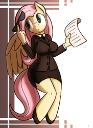 Size: 700x960 | Tagged: safe, artist:tg-0, fluttershy, anthro, breasts, businessmare, clothes, curvy, female, high heels, hootershy, paper, shoes, skirt, skirt suit, solo, suit, sunglasses, tube skirt, wide hips