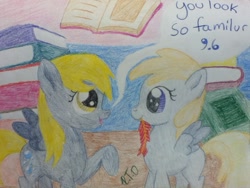 Size: 960x720 | Tagged: safe, artist:fluffyspidermonkey, chirpy hooves, derpy hooves, pegasus, pony, trade ya, book, female, mare, quill, speech bubble, traditional art