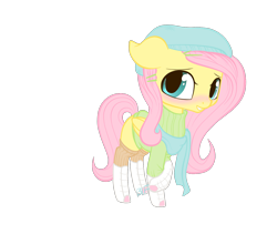 Size: 1500x1266 | Tagged: safe, artist:burbonicecreamfloat, fluttershy, pegasus, pony, boots, bottomless, clothes, filly, hat, partial nudity, scarf, socks, solo, sweater, sweatershy