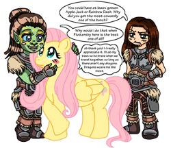 Size: 900x776 | Tagged: safe, artist:amaya3004, fluttershy, human, orc, crossover, lydia, skyrim, the elder scrolls