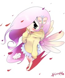 Size: 784x934 | Tagged: safe, artist:born-to-die, angel bunny, fluttershy, human, blushing, breasts, clothes, delicious flat chest, flattershy, hoodie, humanized, solo, sweater, sweatershy