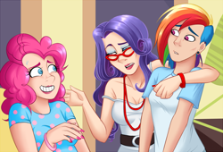 Size: 900x611 | Tagged: safe, artist:emberfan11, derpibooru import, pinkie pie, rainbow dash, rarity, human, rarity takes manehattan, glasses, humanized, scene interpretation