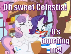 Size: 608x465 | Tagged: safe, screencap, rarity, sweetie belle, pony, unicorn, for whom the sweetie belle toils, glasses, hape, image macro, imma snuggle you, meme