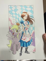 Size: 768x1024 | Tagged: safe, artist:tonyfleecs, derpy hooves, pegasus, pony, alice, alice liddell, american mcgee's alice, crossover, female, mare, muffin, traditional art