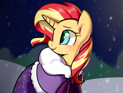 Size: 1400x1050 | Tagged: safe, artist:haden-2375, sunset shimmer, pony, unicorn, clothes, snow, snowfall, solo, winter outfit