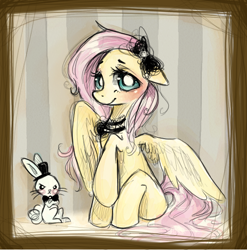 Size: 552x559 | Tagged: safe, artist:dear-cotton-candy, angel bunny, fluttershy, pegasus, pony, bowtie, bust, clothes, portrait