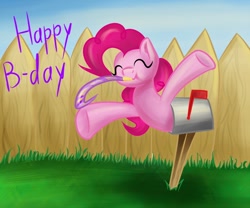 Size: 900x750 | Tagged: safe, artist:krololo, pinkie pie, earth pony, pony, eyes closed, female, happy, happy birthday, mailbox, mare, noisemaker, silly, solo