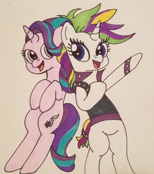 Size: 1345x1512 | Tagged: safe, artist:iffoundreturntorarity, rarity, starlight glimmer, pony, unicorn, alternate hairstyle, duo, punk, raripunk, traditional art