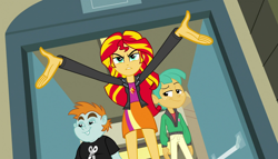 Size: 1904x1090 | Tagged: safe, screencap, snails, snips, sunset shimmer, equestria girls, equestria girls (movie), clothes, jacket, leather jacket, open arms, scissors, skirt