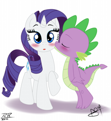 Size: 700x763 | Tagged: safe, artist:pabloracer, artist:pia-sama, rarity, spike, dragon, pony, unicorn, :o, blushing, cute, female, kissing, male, shipping, sparity, straight, surprise kiss, surprised