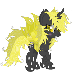 Size: 3200x3200 | Tagged: safe, artist:law44444, derpy hooves, changeling, blushing, changelingified, colored pupils, fangs, female, raised hoof, simple background, solo, transparent background, yellow changeling