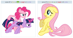 Size: 533x284 | Tagged: safe, derpibooru import, fluttershy, pinkie pie, twilight sparkle, earth pony, pegasus, pony, exploitable meme, juxtaposition, juxtaposition win