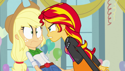 Size: 1904x1090 | Tagged: safe, screencap, applejack, sunset shimmer, equestria girls, equestria girls (movie), balloon, breasts, clothes, female, jacket, leather jacket