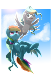 Size: 2480x3508 | Tagged: safe, artist:theprince, derpibooru import, rainbow dash, vapor trail, pegasus, pony, armpits, belly button, cloud, cute, duo, female, flying, mare