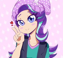 Size: 3197x2988 | Tagged: safe, artist:hika, starlight glimmer, equestria girls, abstract background, beanie, blush sticker, blushing, female, hat, heart, human coloration, looking at you, peace sign, pixiv, smiling, solo