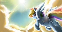 Size: 4096x2160 | Tagged: safe, artist:theprince, derpibooru import, rainbow dash, pegasus, pony, backwards cutie mark, cloud, female, flying, looking back, mare, plot, rainbutt dash, solo