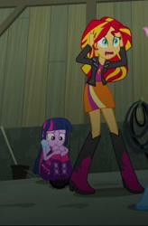 Size: 338x516 | Tagged: safe, screencap, sunset shimmer, twilight sparkle, equestria girls, rainbow rocks, boots, clothes, high heel boots, jacket, leather jacket, skirt