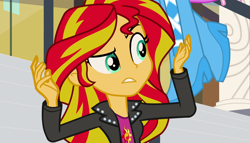 Size: 1904x1090 | Tagged: safe, screencap, pinkie pie, sunset shimmer, equestria girls, rainbow rocks, boots, canterlot high, clothes, high heel boots, jacket, leather jacket