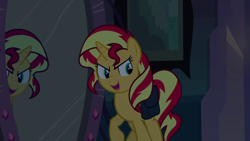 Size: 640x360 | Tagged: safe, screencap, sunset shimmer, pony, unicorn, equestria girls, equestria girls (movie), bag, magic mirror, mirror, saddle bag, solo