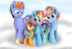 Size: 1024x696 | Tagged: safe, artist:envygirl95, derpibooru import, bow hothoof, rainbow dash, scootaloo, windy whistles, pegasus, pony, cloud, family, father, female, happy, hug, male, missing accessory, mother, scootalove, sisters, winghug