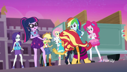 Size: 1920x1080 | Tagged: safe, derpibooru import, screencap, angel bunny, applejack, fluttershy, pinkie pie, rainbow dash, rarity, sci-twi, sunset shimmer, twilight sparkle, better together, equestria girls, forgotten friendship, animation error, clothes, humane five, humane seven, humane six, pantyhose