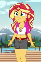 Size: 480x720 | Tagged: safe, edit, edited screencap, editor:ah96, screencap, sunset shimmer, equestria girls, legend of everfree, belly button, breast edit, breasts, cleavage, female, midriff, solo