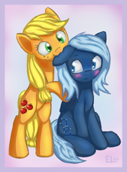 Size: 600x815 | Tagged: safe, artist:eltaile, applejack, oc, earth pony, pony, biting, blushing, cute, ear bite