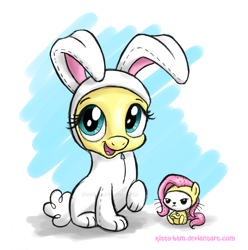 Size: 1024x1031 | Tagged: safe, artist:kitty-ham, angel bunny, fluttershy, pegasus, pony, angel is not amused, bunny costume, bunny pajamas, bunnyshy, clothes, costume, cute, duo, fluttershy suit, frown, hilarious in hindsight, looking at you, pony costume, shyabetes, smiling, unamused