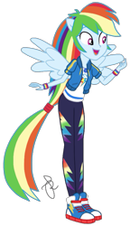 Size: 1179x2048 | Tagged: safe, artist:ilaria122, derpibooru import, rainbow dash, better together, equestria girls, clothes, converse, geode of super speed, happy, magical geodes, open mouth, pants, ponied up, shoes, simple background, sneakers, solo, transparent background