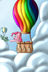 Size: 1098x1636 | Tagged: safe, artist:dreambreaker, gummy, pinkie pie, earth pony, pony, balloon, hot air balloon