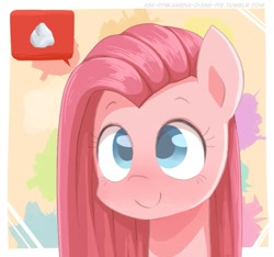 Size: 747x700 | Tagged: safe, artist:frankier77, pinkie pie, earth pony, pony, ask, ask pinkamena diane pie, bust, cute, cuteamena, pinkamena diane pie, portrait, rock, smiling, solo, speech bubble, tumblr