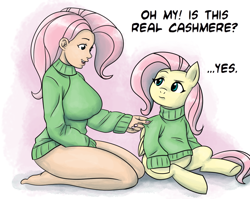 Size: 1500x1196 | Tagged: safe, artist:king-kakapo, artist:megasweet, fluttershy, human, barefoot, bottomless, breasts, cashmere, clothes, colored, feet, female, hootershy, human ponidox, humanized, oh my, sweater, sweatershy