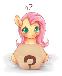 Size: 615x750 | Tagged: safe, artist:rigi, fluttershy, pegasus, pony, box, pixiv, question mark, solo