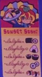 Size: 204x372 | Tagged: safe, sunset shimmer, equestria girls, clothes, cute, doll, equestria girls minis, food, hairpin, happi, looking at you, one eye closed, onigiri, serving tray, shimmerbetes, smiling, sunset sushi, sushi, toy, wink