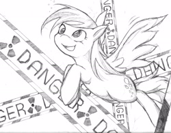 Size: 2180x1700 | Tagged: safe, artist:zaiyaki, derpy hooves, pegasus, pony, danger, female, flying, mare, monochrome, open mouth, sketch, smiling, solo, spread wings, traditional art