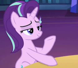 Size: 620x540 | Tagged: safe, edit, screencap, starlight glimmer, pony, unicorn, uncommon bond, animated, blinking, book, cropped, cute, female, glimmerbetes, grin, leaning back, library, loop, mare, open mouth, raised hoof, sitting, smiling, smug, smuglight glimmer, solo, swerve, table, twilight's castle, twilight's castle library