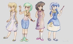 Size: 1694x1026 | Tagged: safe, artist:freesavanna, derpy hooves, lyra heartstrings, minuette, octavia melody, human, humanized, toothbrush