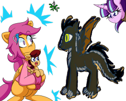 Size: 720x576 | Tagged: safe, artist:jake heritagu, scootaloo, starlight glimmer, oc, oc:draco k-night blaze, oc:lightning blitz, pegasus, pony, unicorn, comic:ask motherly scootaloo, baby, baby pony, cloak, clothes, colt, female, hairpin, holding a pony, male, mistletoe, mistletoe meme, mother and child, mother and son, motherly scootaloo, offspring, older, older scootaloo, parent and child, parent:rain catcher, parent:scootaloo, parents:catcherloo, simple background, sweatshirt, transparent background