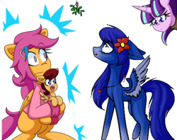 Size: 910x719 | Tagged: safe, artist:jake heritagu, scootaloo, starlight glimmer, oc, oc:azure pearl, oc:lightning blitz, pegasus, pony, unicorn, comic:ask motherly scootaloo, baby, baby pony, cloak, clothes, colt, female, flower, hairpin, holding a pony, jewelry, male, mistletoe, mistletoe meme, mother and child, mother and son, motherly scootaloo, offspring, older, older scootaloo, parent and child, parent:rain catcher, parent:scootaloo, parents:catcherloo, pendant, simple background, sweatshirt, transparent background