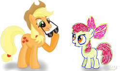 Size: 1280x752 | Tagged: safe, artist:wolver87, apple bloom, applejack, earth pony, pony, blonde hair, female, filly, mare, orange coat, red mane, sisters