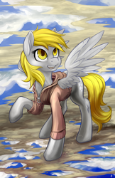 Size: 1100x1700 | Tagged: safe, artist:hobbes-maxwell, derpy hooves, pegasus, pony, clothes, female, hoodie, mare, raised hoof, solo, spread wings, underp