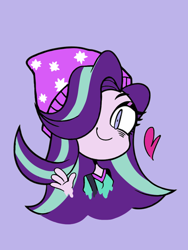 Size: 768x1024 | Tagged: safe, anonymous artist, starlight glimmer, collaboration, equestria girls, beanie, bust, female, hair over one eye, hat, heart, looking at you, purple background, simple background, smiling, solo, waving