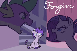 Size: 1024x683 | Tagged: safe, artist:kianamai, rarity, spike, oc, oc:crystal clarity, dracony, dragon, hybrid, pony, unicorn, angry, argument, eye contact, fanfic, female, floppy ears, frown, hair bun, interspecies offspring, kilalaverse, male, next generation, observer, offspring, open mouth, parent:rarity, parent:spike, parents:sparity, shipping, sitting, sparity, straight, unamused